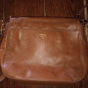 Fossil Brand Natural Brown Leather Top Zipper Shoulder Crossbody Bag Purse BOHO